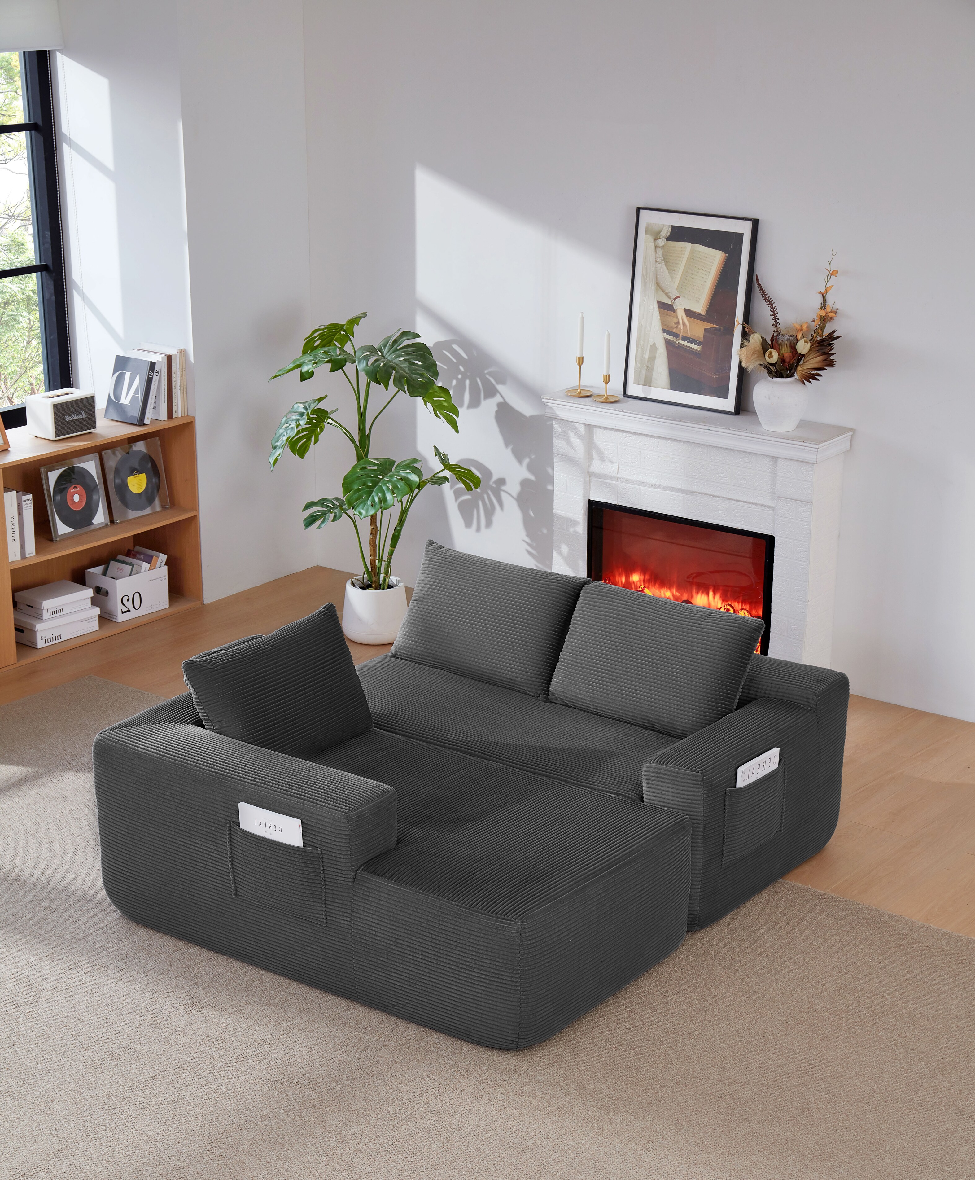 Modern Cloud Sectional Sofa L-shape Chaise Black Corduroy Fabric_voghion.com